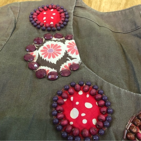 Boden 100% Linen Beaded Artsy Patch Side Zip Olive Mini Dress Womens Size 10 - Picture 2 of 11